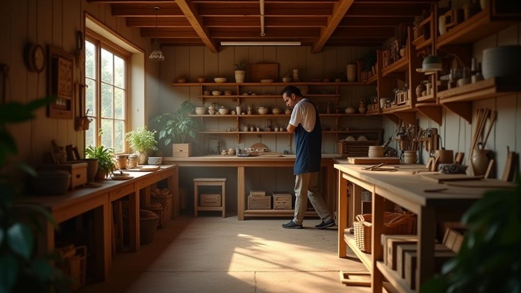 Egy hagyományos asztalosműhely részlete, ahol kézművesek dolgoznak a faanyaggal, finom részletekre koncentrálva.