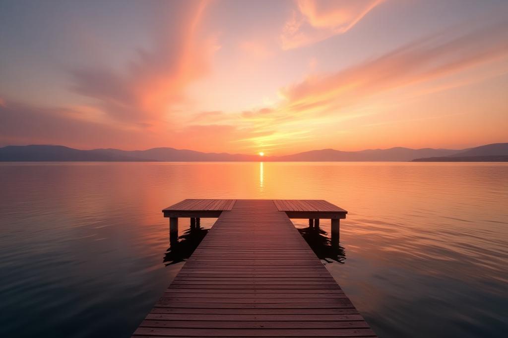 Naplemente a Balatonon, előtérben egy elegáns, fából készült stég, amely bevezet a nyugodt vízbe.