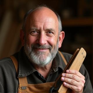 Pék István, a Hab Csarnok alapítója és mesterembere, mosolyogva, a kezében gyalut tartva.