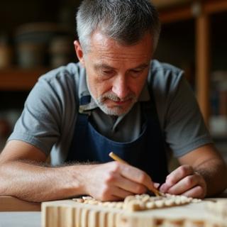 Szabó Gergő, a Hab Csarnok asztalosa és restaurátora, fafaragás közben, koncentrált arccal.