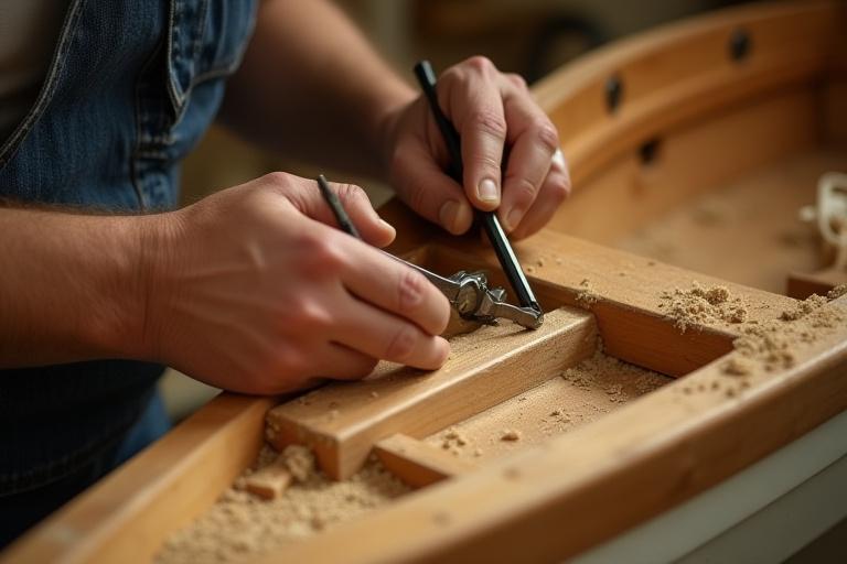 Részletes kép egy történelmi fahajó restaurálási folyamatáról, ahol kézművesek precízen dolgoznak a hajótest fa elemein. Láthatóak a gondosan illesztett, javított fadarabok, a hagyományos szerszámok és a hajó autentikus szépségének megőrzésére való törekvés.
