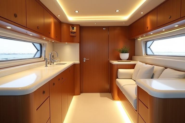 Luxus hajóbelső, elegánsan megmunkált faberendezéssel, polírozott felületekkel, kényelmes ülésekkel és modern világítással, amely a kézműves minőséget és a funkcionalitást sugározza.
