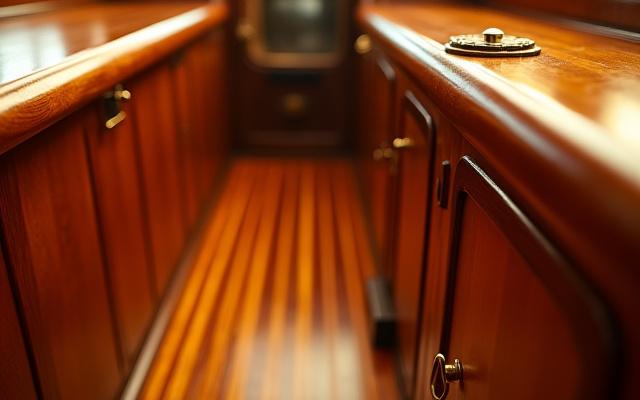 Elegáns fa hajófedélzet és belső tér, magasfényű lakkozással