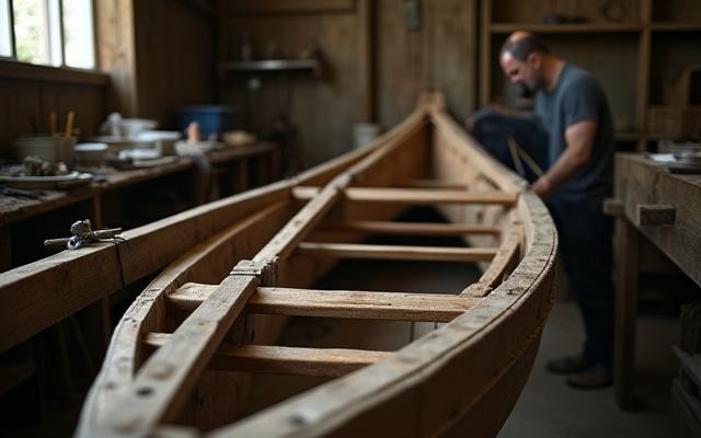 Régi, felújítás alatt álló vitorlás hajó, részlet a faszerkezetről