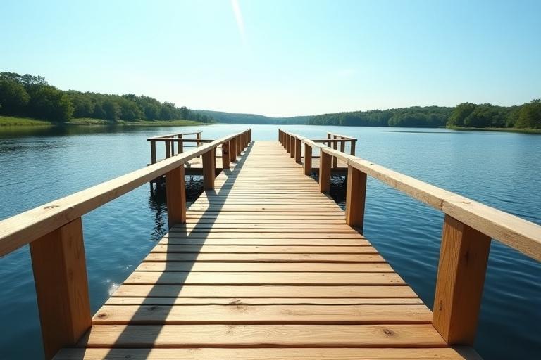 Kiváló minőségű fa stég, gondosan megmunkált gerendázatával, a nyugodt tó vagy folyó partján, háttérben zöld tájjal és tiszta éggel. Ideális kép a parti és tengerészeti építmények bemutatására.