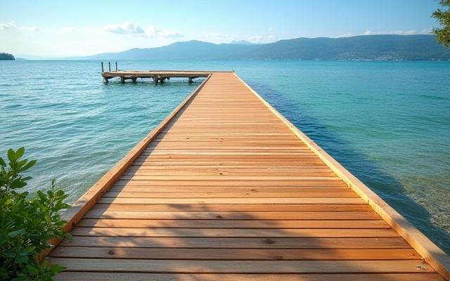 Masszív fa stég a Balaton partján, tiszta vízzel