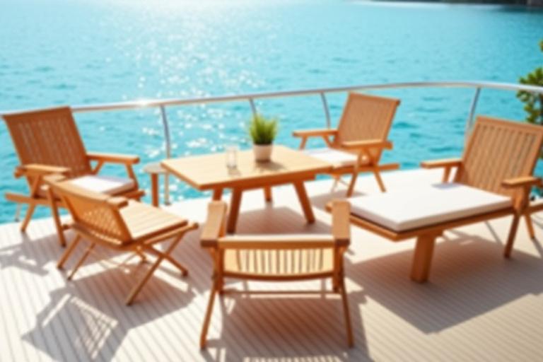 Strapabíró, időjárásálló kültéri fa bútorok csoportja egy fedélzeten vagy teraszon, tengeri környezetben, napfényes délutánon. A bútorok magas minőségű faanyagból készültek, modern, mégis hagyományos stílusban.