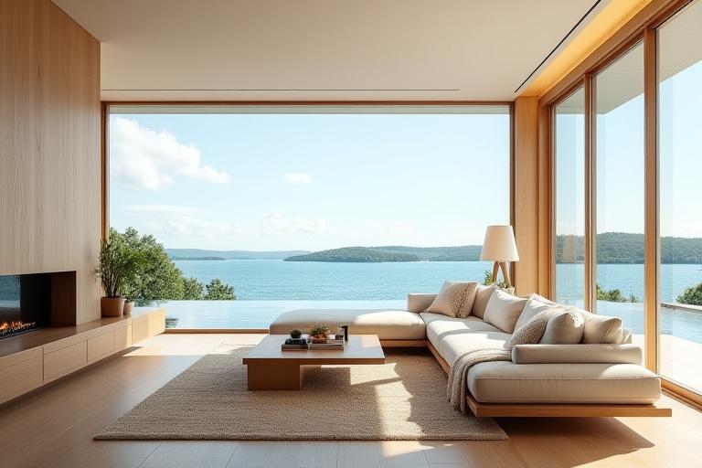 Modern, világos nappali egy elegáns vízparti ingatlanban. A térben letisztult vonalvezetésű, egyedi tervezésű fabútorok, kényelmes kanapé és nagy ablakok találhatók, melyek gyönyörű kilátást nyújtanak a vízre. Az egységesség és a természetes anyagok dominálnak.